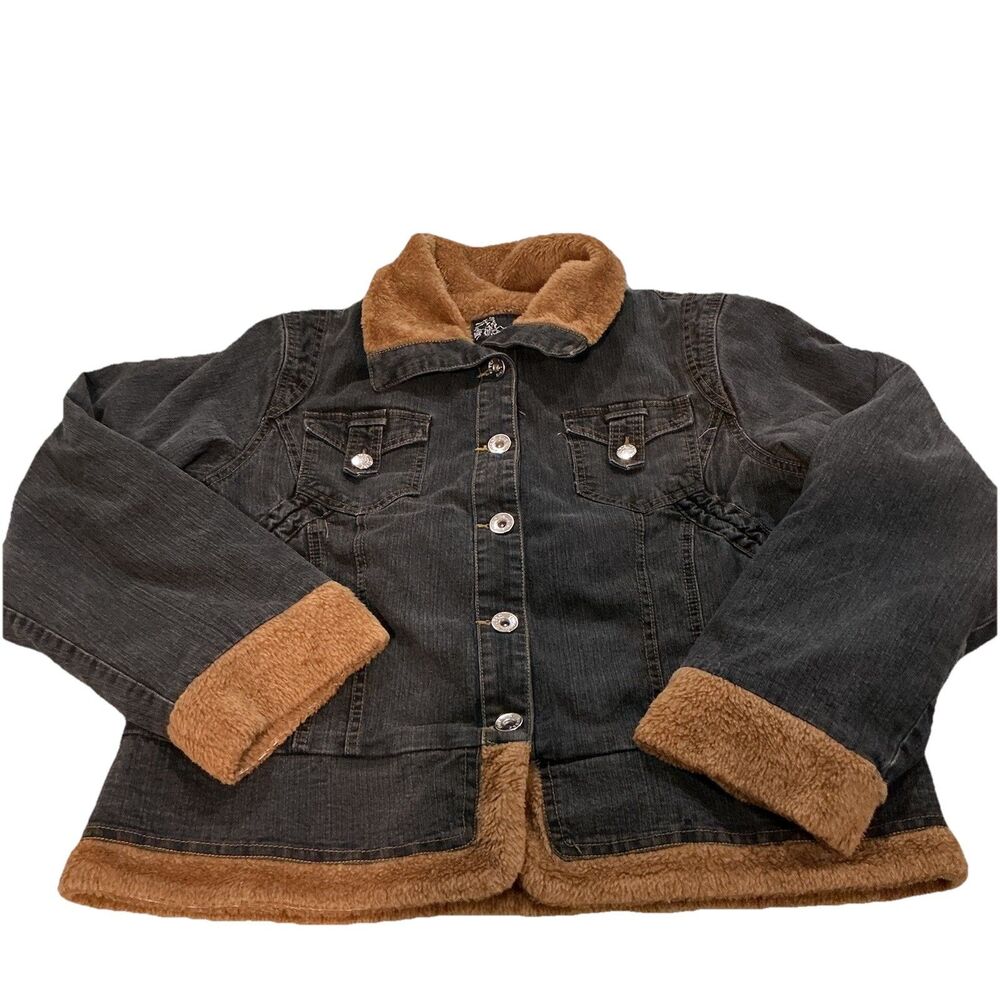 Women’s Denim Jacket Faux Fur Lined Dark Wash Button Front Coat XL Y&F Stretch